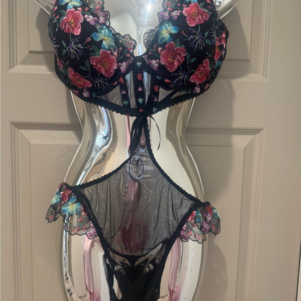 Floral Embroidered Black Lingerie one peice
